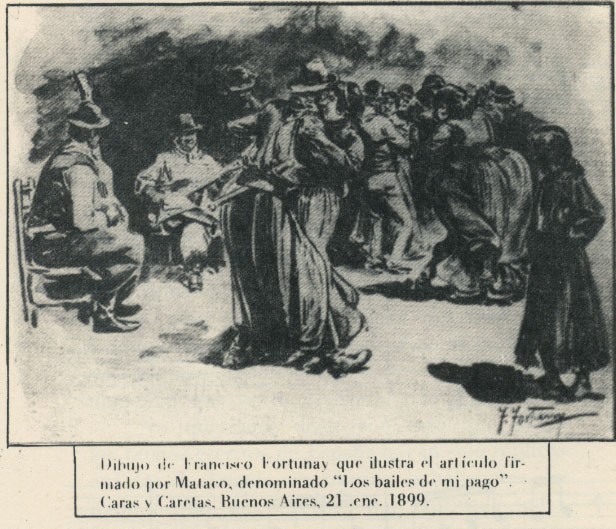 Francisco Fortunys illustration “Los bailes de mi pago” (1899), publicerad i tidningen Caras y Caretas, Buenos Aires.